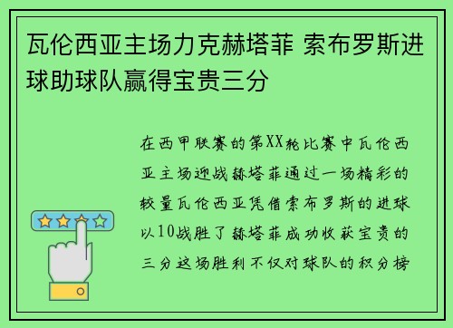 瓦伦西亚主场力克赫塔菲 索布罗斯进球助球队赢得宝贵三分