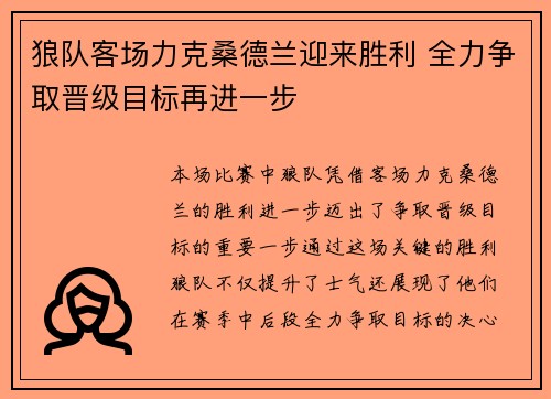 狼队客场力克桑德兰迎来胜利 全力争取晋级目标再进一步