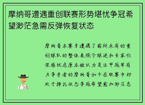 摩纳哥遭遇重创联赛形势堪忧争冠希望渺茫急需反弹恢复状态