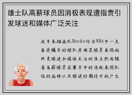 雄士队高薪球员因消极表现遭指责引发球迷和媒体广泛关注