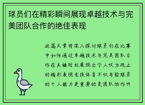 球员们在精彩瞬间展现卓越技术与完美团队合作的绝佳表现